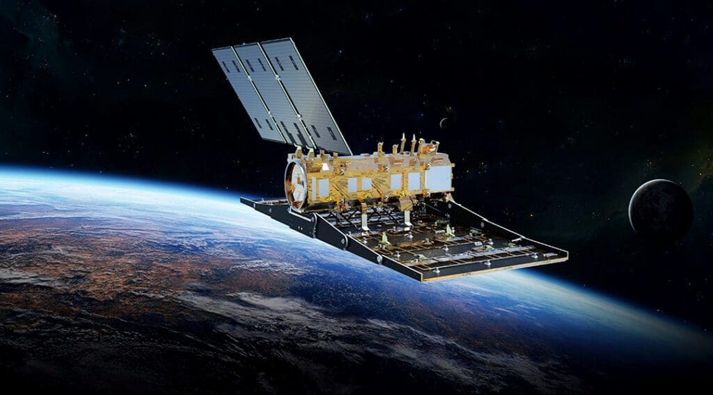 Imagen ilustrativa de uno de los satélites de observación SAOCOM orbitando la Tierra.