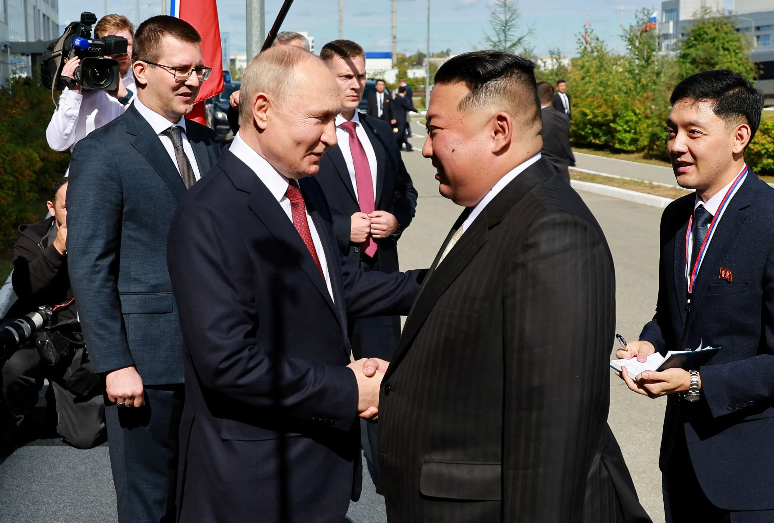 Russia's President Vladimir Putin shakes hands with North Korea's leader Kim Jong Un during a meeting at the Vostochny Сosmodrome in the far eastern Amur region, Russia, September 13, 2023. Sputnik/Vladimir Smirnov/Pool via REUTERS ATTENTION EDITORS - THIS IMAGE WAS PROVIDED BY A THIRD PARTY. TPX IMAGES OF THE DAY