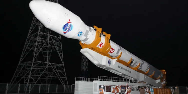 A rocket carrying a spy satellite Malligyong-1 is prepared to be launched, as North Korean government claims, in a location given as North Gyeongsang Province, North Korea in this handout picture obtained by Reuters on November 21, 2023. KCNA via REUTERS