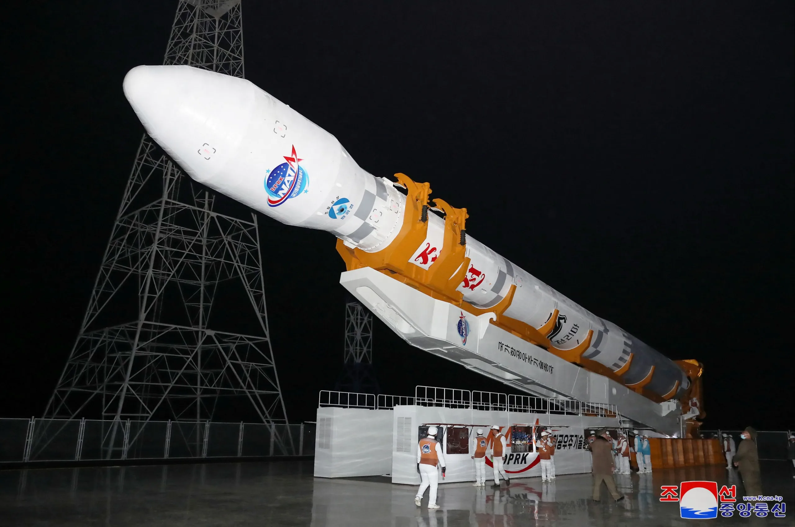A rocket carrying a spy satellite Malligyong-1 is prepared to be launched, as North Korean government claims, in a location given as North Gyeongsang Province, North Korea in this handout picture obtained by Reuters on November 21, 2023.  KCNA via REUTERS