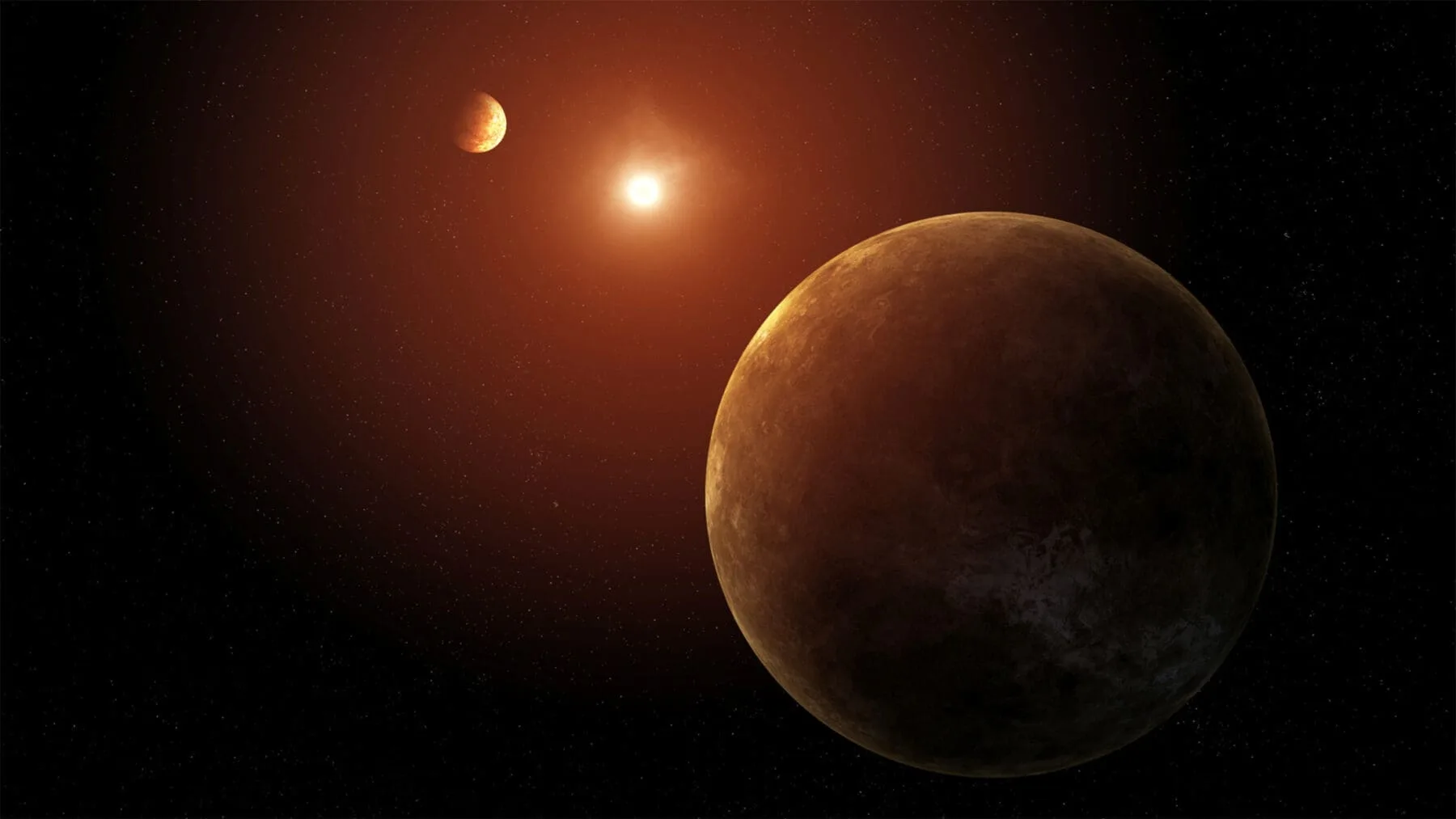 Artist's concept showing two of the seven planets discovered orbiting a sun-like star. The system, called Kepler-385, was identified using data from NASA’s Kepler mission. NASA/Daniel Rutter