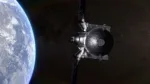 The NASA spacecraft OSIRIS-APEX travels away from Earth as it embarks on a 5-year journey headed for a 2029 rendezvous with the near-Earth asteroid Apophis, as shown in an undated NASA artist's video rendering, in this screengrab obtained from a handout video. NASA's Goddard Space Flight Center/Handout via REUTERS