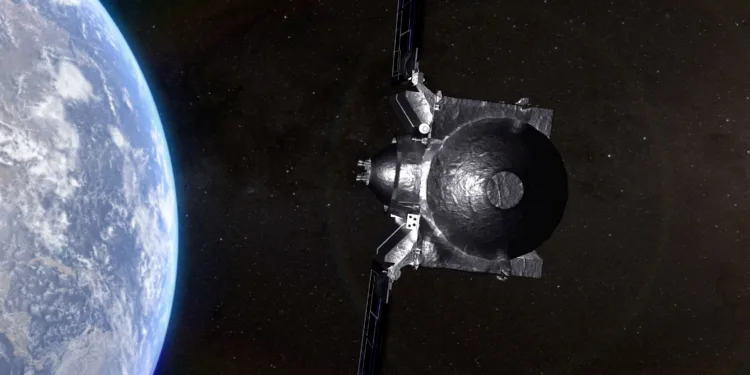 The NASA spacecraft OSIRIS-APEX travels away from Earth as it embarks on a 5-year journey headed for a 2029 rendezvous with the near-Earth asteroid Apophis, as shown in an undated NASA artist's video rendering, in this screengrab obtained from a handout video. NASA's Goddard Space Flight Center/Handout via REUTERS