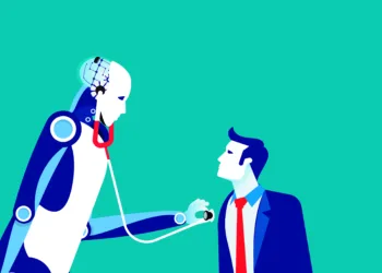New kind of doctor technology. Concept health vector illustration, Artificial intelligence, Robot, Cyborg.