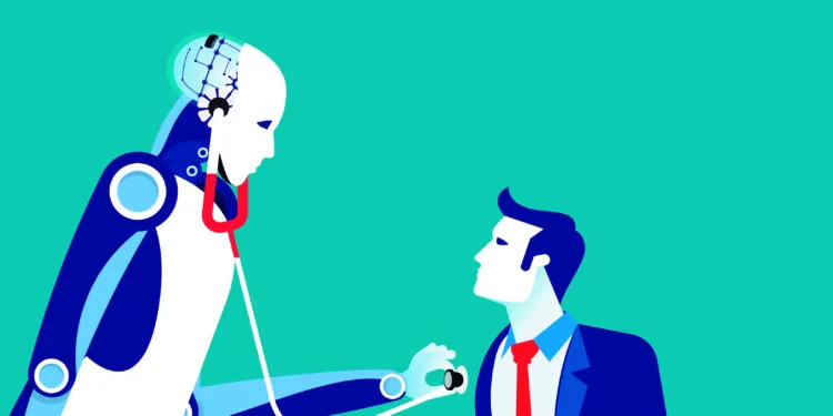New kind of doctor technology. Concept health vector illustration, Artificial intelligence, Robot, Cyborg.