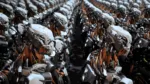 The camera flies past a detachment of robot soldiers on a spaceship.