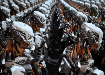 The camera flies past a detachment of robot soldiers on a spaceship.