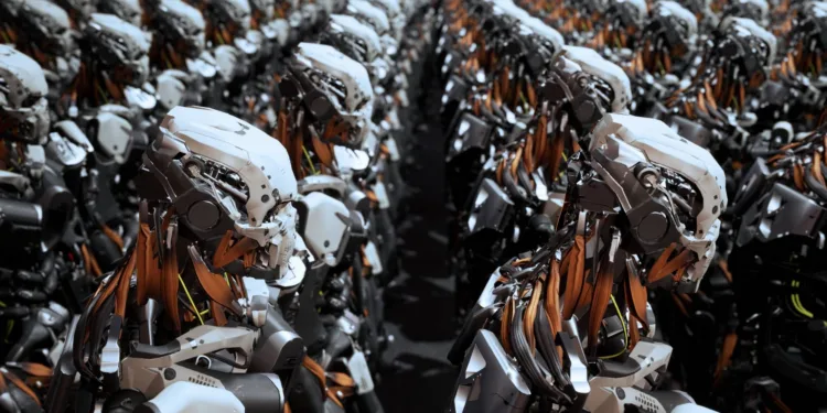 The camera flies past a detachment of robot soldiers on a spaceship.
