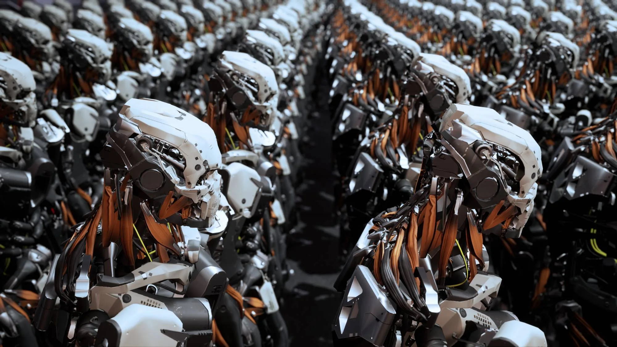 The camera flies past a detachment of robot soldiers on a spaceship.