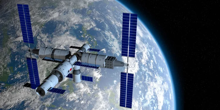 View of TIANGONG 3 - Chinese space station orbiting the planet Earth on black space with stars background. 3D Illustration