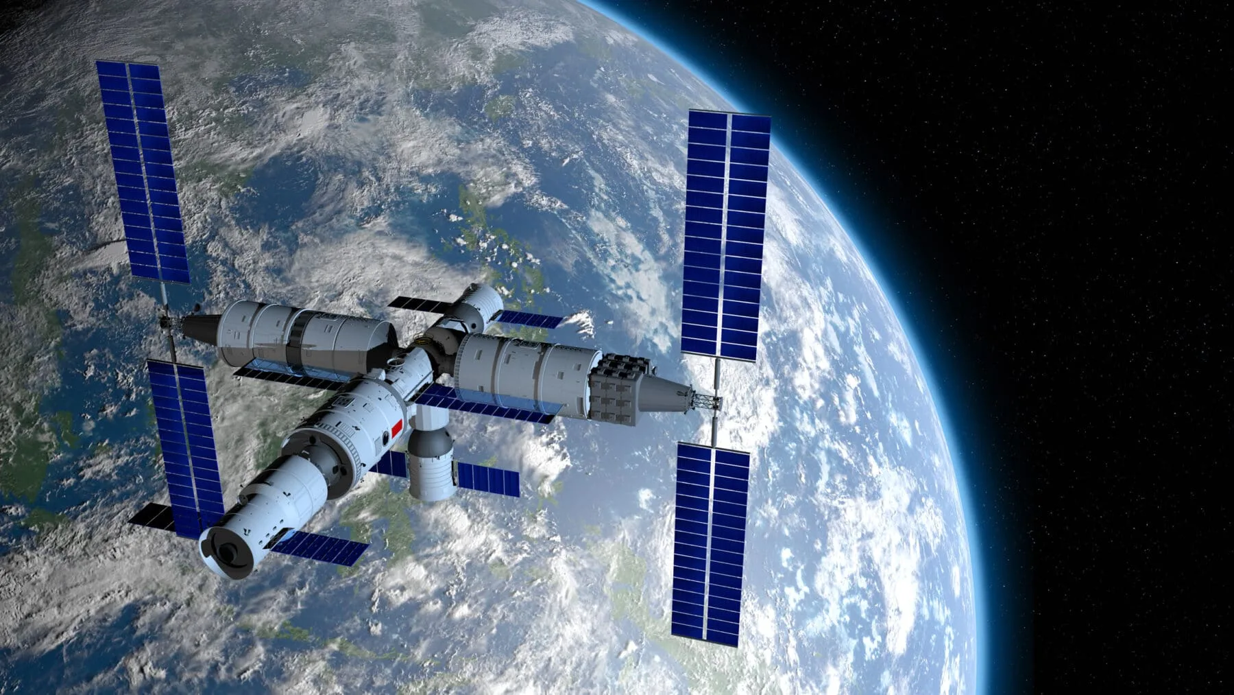 View of TIANGONG 3 - Chinese space station orbiting the planet Earth on black space with stars background. 3D Illustration