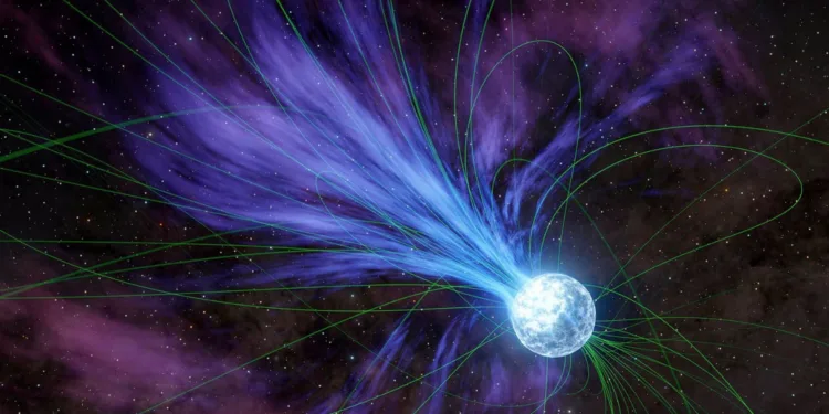 14/02/2024 En una eyección que habría provocado que su rotación se desacelerara, en el concepto de este artista se representa un magnetar perdiendo material en el espacio..

Dos telescopios de rayos X de la NASA han observado un misterioso estallido de ondas de radio, conocido como FRB por sus siglas en inglés, apenas unos minutos antes y después de que ocurriera.

POLITICA INVESTIGACIÓN Y TECNOLOGÍA
NASA/JPL-CALTECH