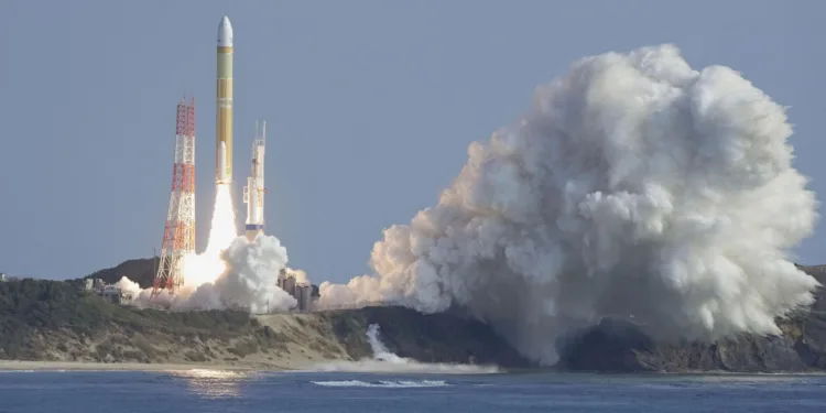 A second test model of H3 rocket lift off from the launching pad at Tanegashima Space Center on the southwestern island of Tanegashima, Kagoshima Prefecture, Japan February 17, 2024, in this photo taken by Kyodo. Mandatory credit Kyodo via REUTERS