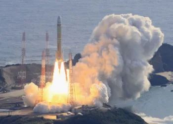 An aerial view shows a second test model of H3 rocket lift off from the launching pad at Tanegashima Space Center on the southwestern island of Tanegashima, Kagoshima Prefecture, Japan February 17, 2024, in this photo taken by Kyodo. Mandatory credit Kyodo via REUTERS