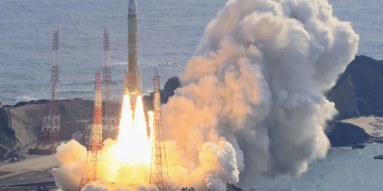 An aerial view shows a second test model of H3 rocket lift off from the launching pad at Tanegashima Space Center on the southwestern island of Tanegashima, Kagoshima Prefecture, Japan February 17, 2024, in this photo taken by Kyodo. Mandatory credit Kyodo via REUTERS