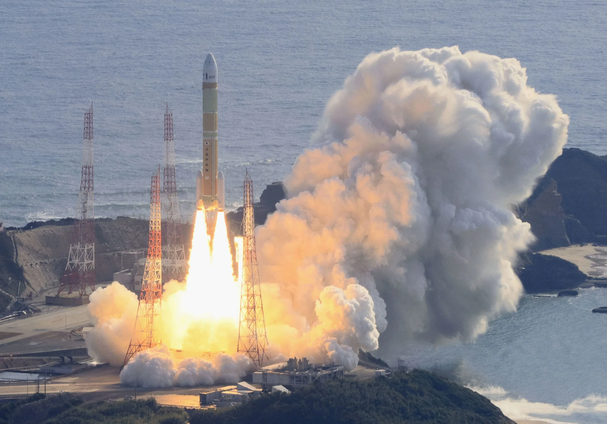 An aerial view shows a second test model of H3 rocket lift off from the launching pad at Tanegashima Space Center on the southwestern island of Tanegashima, Kagoshima Prefecture, Japan February 17, 2024, in this photo taken by Kyodo. Mandatory credit Kyodo via REUTERS