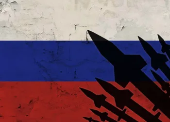 Rockets on the background of the Russian flag, the concept of war