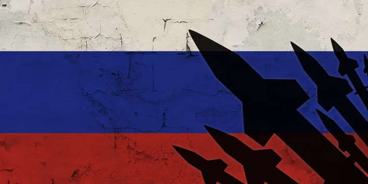 Rockets on the background of the Russian flag, the concept of war