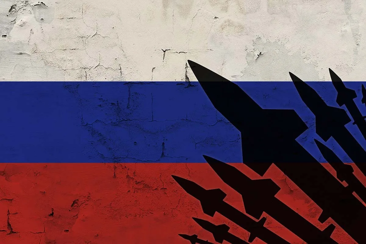 Rockets on the background of the Russian flag, the concept of war