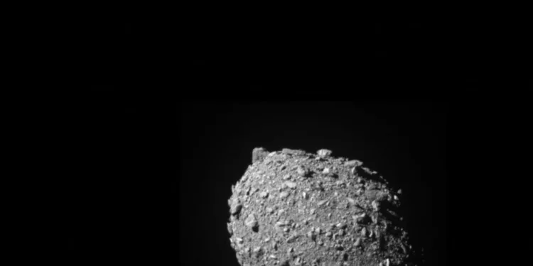 FILE PHOTO: Asteroid moonlet Dimorphos as seen by the DART spacecraft 11 seconds before impact in this image taken by DART’s on board DRACO imager from a distance of 68 kilometers, and released September 26, 2022. NASA/Johns Hopkins APL/Handout via REUTERS