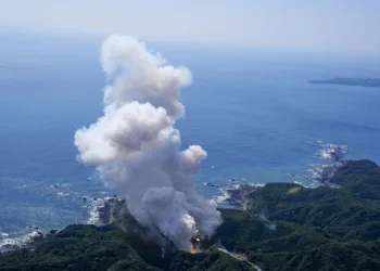 Smoke rises after Japan's Space One's small, solid-fueled Kairos rocket exploded shortly after its inaugural launch at Space One's launching pad on the tip of Kii peninsula in Kushimoto town, Wakayama prefecture, Japan March 13, 2024, in this photo taken by Kyodo. Mandatory credit Kyodo via REUTERS