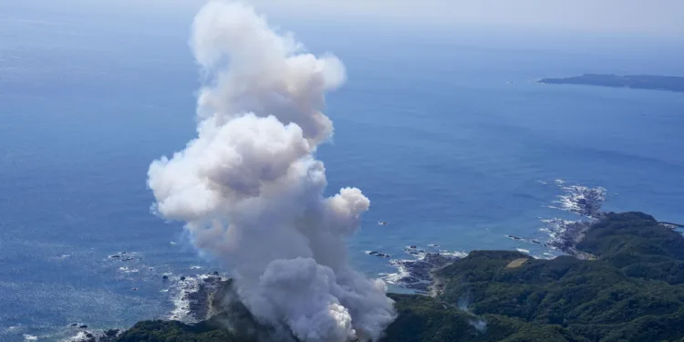 Smoke rises after Japan's Space One's small, solid-fueled Kairos rocket exploded shortly after its inaugural launch at Space One's launching pad on the tip of Kii peninsula in Kushimoto town, Wakayama prefecture, Japan March 13, 2024, in this photo taken by Kyodo. Mandatory credit Kyodo via REUTERS