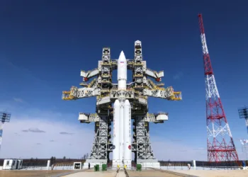 The Angara-A5 rocket is seen on its launchpad at the Vostochny Cosmodrome in the far eastern Amur region, Russia, April 8, 2024. Roscosmos/Handout via REUTERS