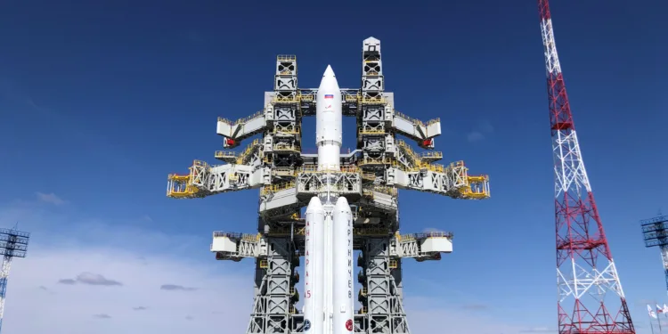 The Angara-A5 rocket is seen on its launchpad at the Vostochny Cosmodrome in the far eastern Amur region, Russia, April 8, 2024. Roscosmos/Handout via REUTERS