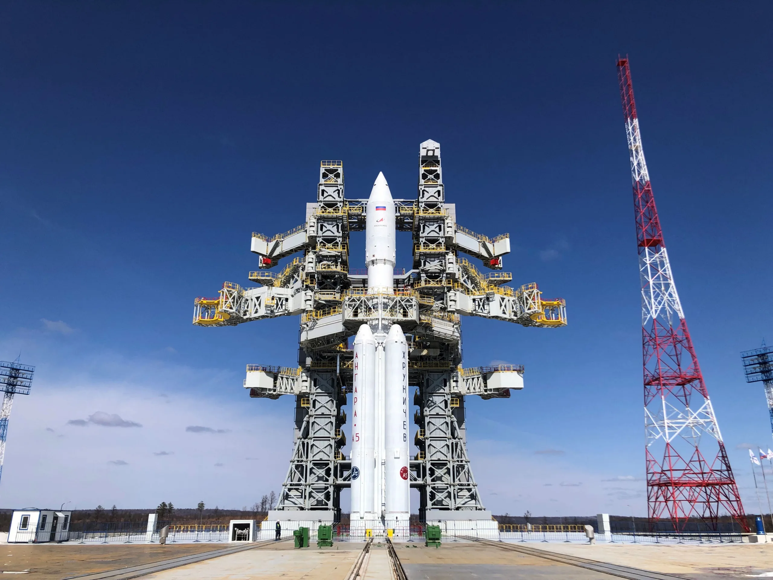 The Angara-A5 rocket is seen on its launchpad at the Vostochny Cosmodrome in the far eastern Amur region, Russia, April 8, 2024. Roscosmos/Handout via REUTERS