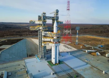 The Angara-A5 rocket is seen on its launchpad at the Vostochny Cosmodrome in the far eastern Amur region, Russia, April 8, 2024. Roscosmos/Handout via REUTERS