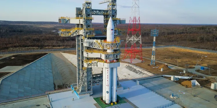 The Angara-A5 rocket is seen on its launchpad at the Vostochny Cosmodrome in the far eastern Amur region, Russia, April 8, 2024. Roscosmos/Handout via REUTERS