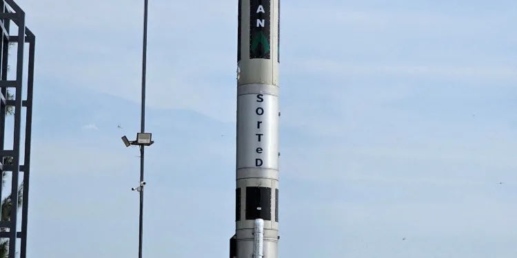 FILE PHOTO: Agnibaan SubOrbital Technological Demonstrator (SOrTeD), vehicle is seen at Agnikul's Launchpad at Satish Dhawan Space Center in Sriharikota, India, November 28, 2022. Agnikul Cosmos Private Limited/Handout via REUTERS