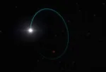 An artist's impression shows the orbits of the most massive stellar black hole in our galaxy, dubbed Gaia BH3, and a companion star, in this handout image obtained by Reuters on April 16, 2024.  European Southern Observatory/L. Calcada/Handout via REUTERS