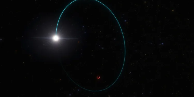 An artist's impression shows the orbits of the most massive stellar black hole in our galaxy, dubbed Gaia BH3, and a companion star, in this handout image obtained by Reuters on April 16, 2024.  European Southern Observatory/L. Calcada/Handout via REUTERS