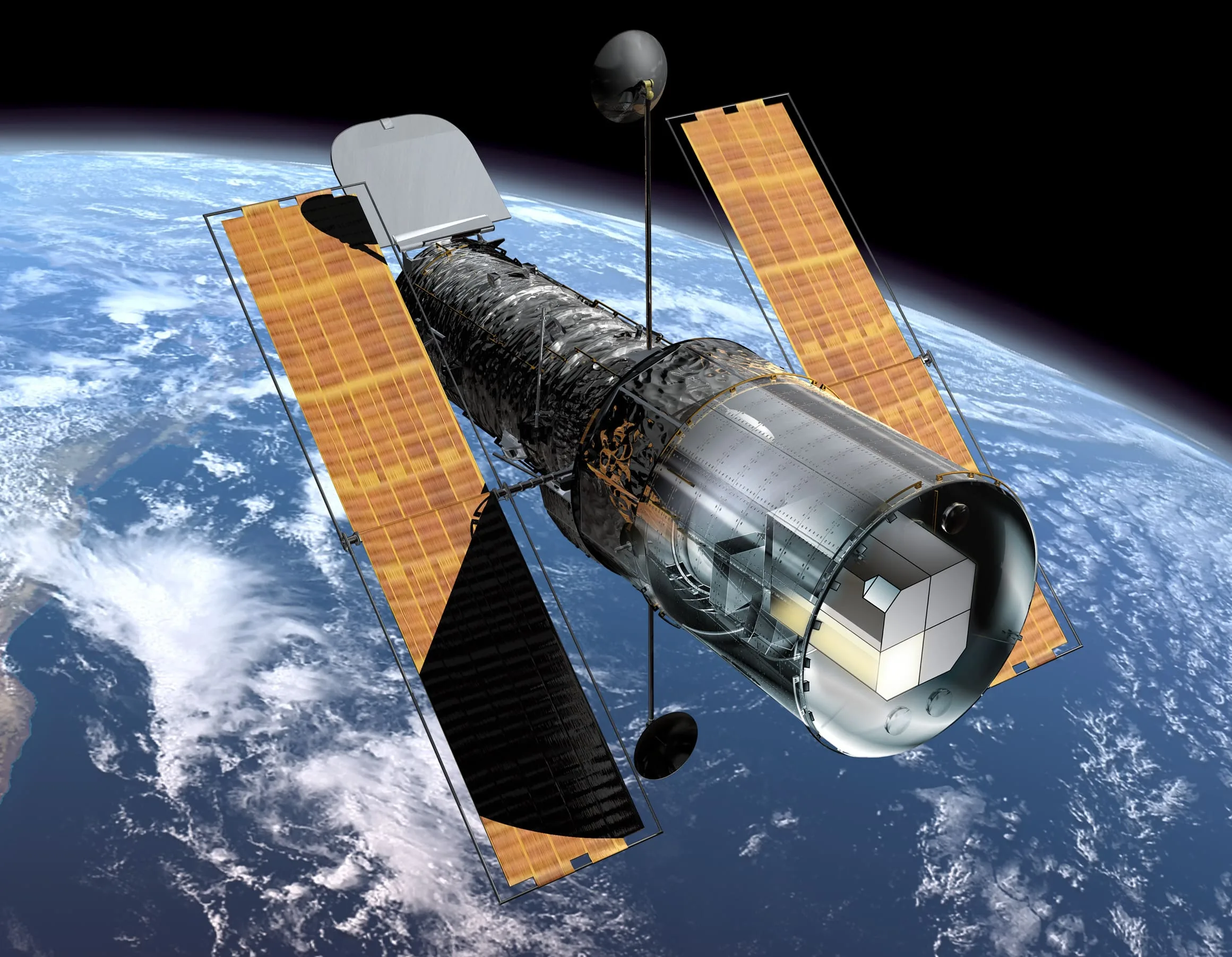 This illustration shows the NASA/ESA Hubble Space Telescope in orbit above the Earth as it looked before the Second Servicing Mission in 1997. The Faint Object Spectrograph (FOS) can be seen (marked in yellow) in Hubble's instrument bay at the back of the observatory. During the Second Servicing Mission the two first generation instruments, FOS and the Goddard High Resolution Spectrograph (GHRS), were replaced by the second generation instruments, NICMOS (Near Infrared Camera and Multi-Object Spectrometer) and STIS (Space Telescope Imaging Spectrograph). A dedicated team effort to understand and correct systematic effects in observations from FOS has now been concluded and the results are released on 11 September 2001. A four-person team based at the Space Telescope-European Coordinating Facility (ST-ECF) in Garching, Germany, has carried out this re-calibration with support from scientists at the Space Telescope Science Institute and the Goddard Space Flight Center. ST-ECF's 'Instrument Physical Modelling Group' has expended ten man-years of effort in understanding the intricate details of the instrument and in developing a novel physical model of its operation. This has allowed them to develop routines to correct for unwanted instrumental and environmental effects in the measurements of stars and galaxies.