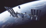 Commercial Spacecraft Docking To International Space Station On Background Of Earth. 3D Illustration.
