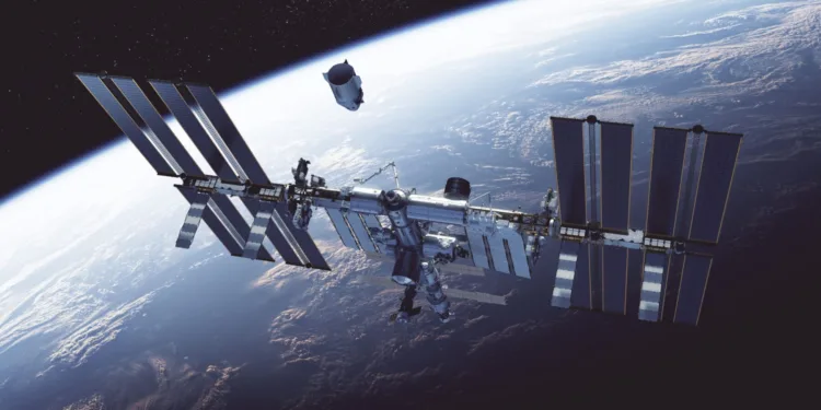 Commercial Spacecraft Docking To International Space Station On Background Of Earth. 3D Illustration.