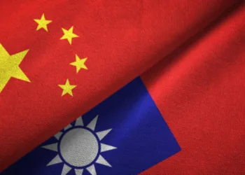 Taiwan and China flags together textile cloth, fabric texture