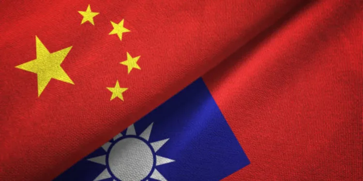 Taiwan and China flags together textile cloth, fabric texture