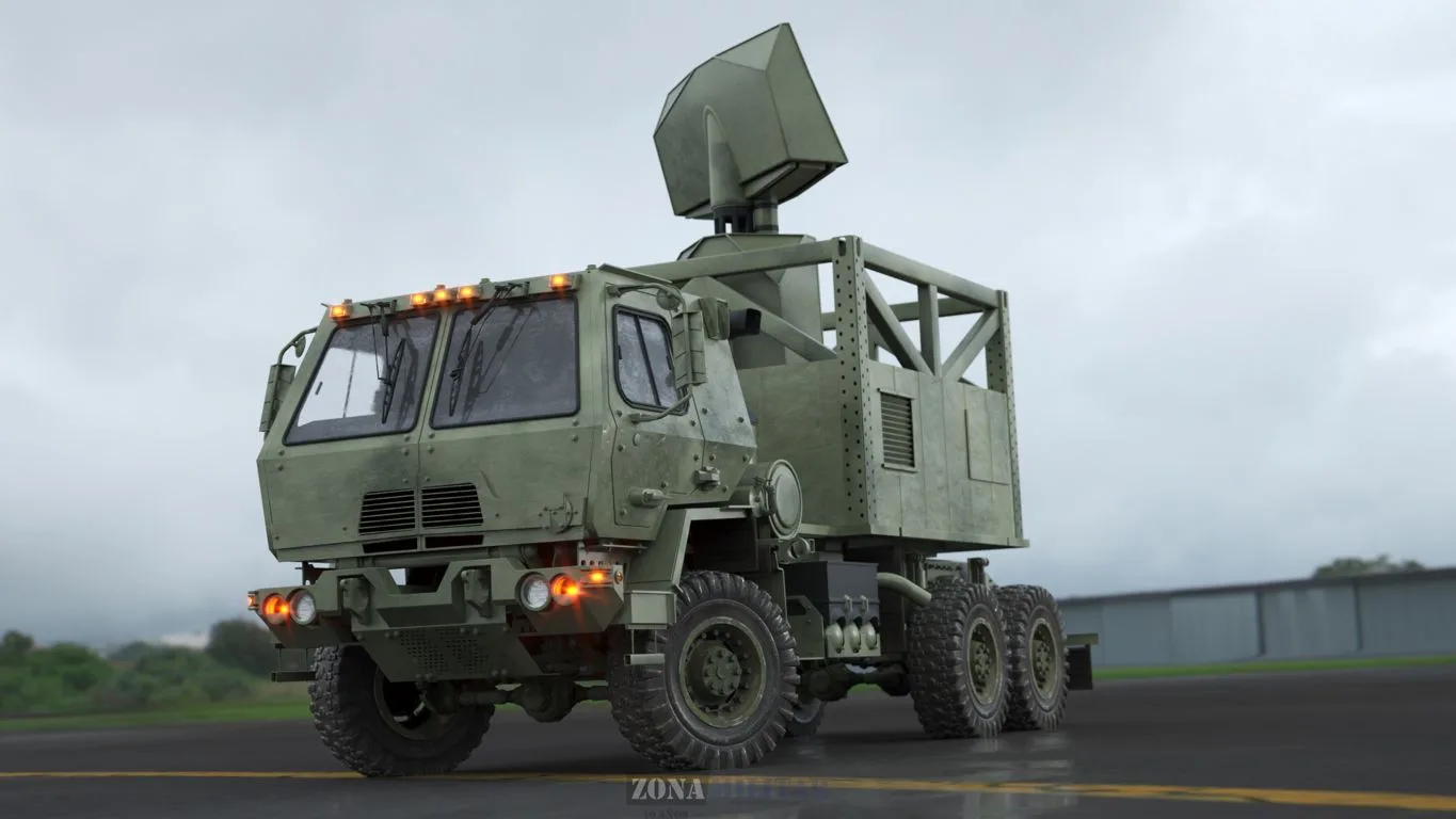 Radar táctico 3D RMF-200V de INVAP montado sobre un vehículo del Ejército.