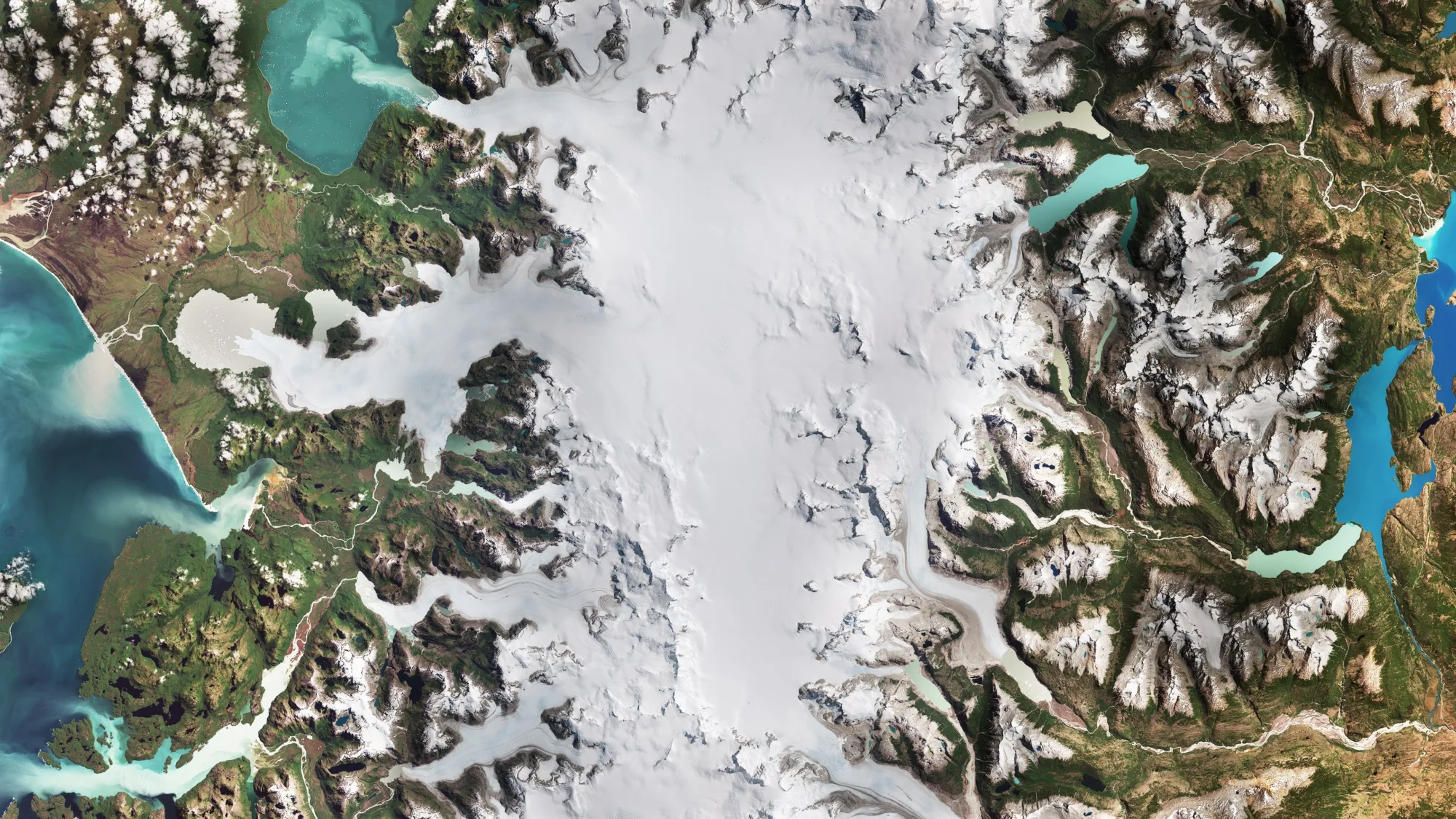 Imagen de los glaciares del Parque Nacional Laguna San Rafael de Chile, tomada por el satélite satélite Copernicus Sentinel-2 en 2024.