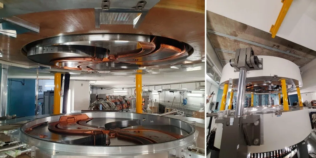 Interior de la cámara y cámara abierta del equipo ciclotrón acelerador de protones del CeArP.