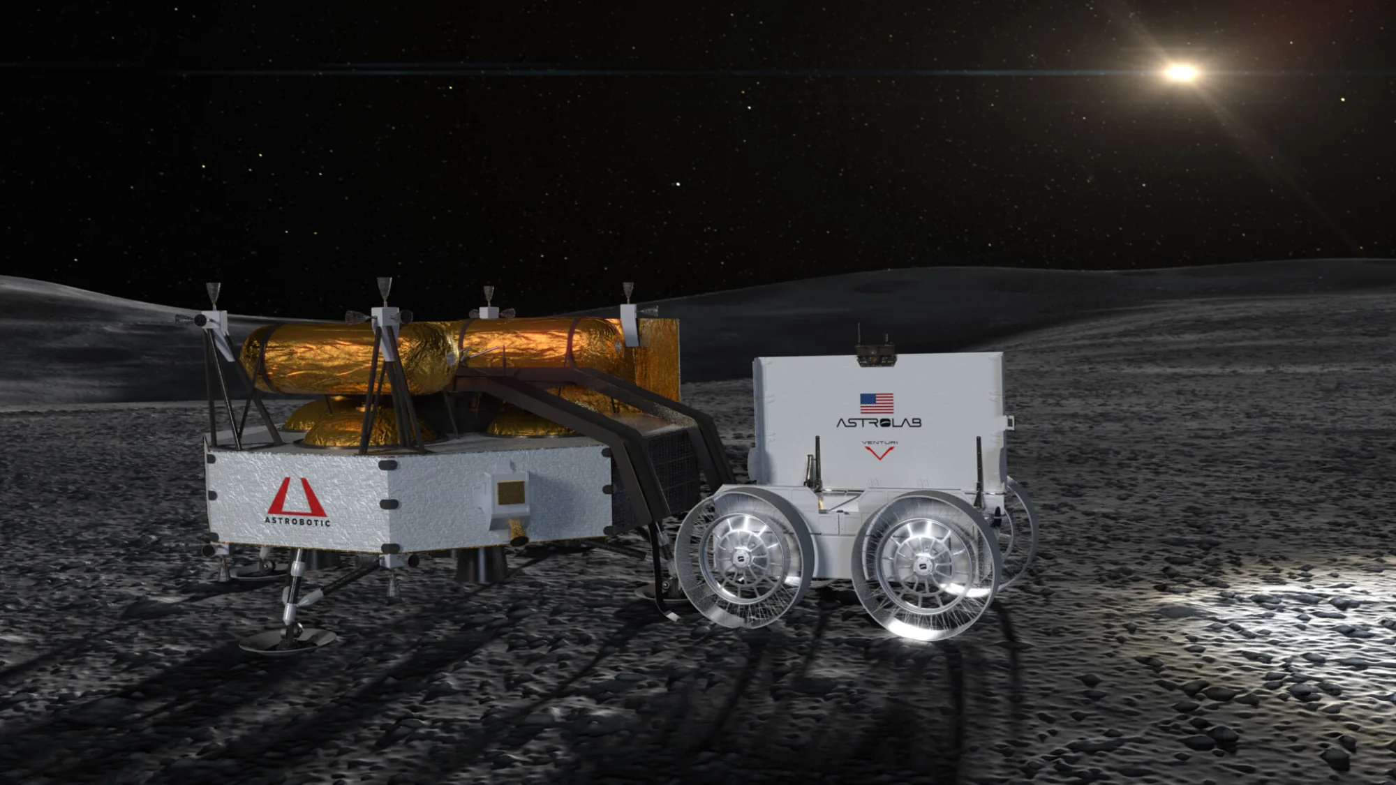FLIP (FLEX Lunar Innovation Platform), el rover comercial desarrollado por Astrolab, junto con el módulo de aterrizaje Griffin de Astrobotic Technology.
