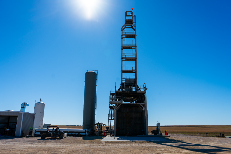 Banco de pruebas de la etapa alfa en las instalaciones de Firefly en Briggs, Texas, capturado en octubre de 2025