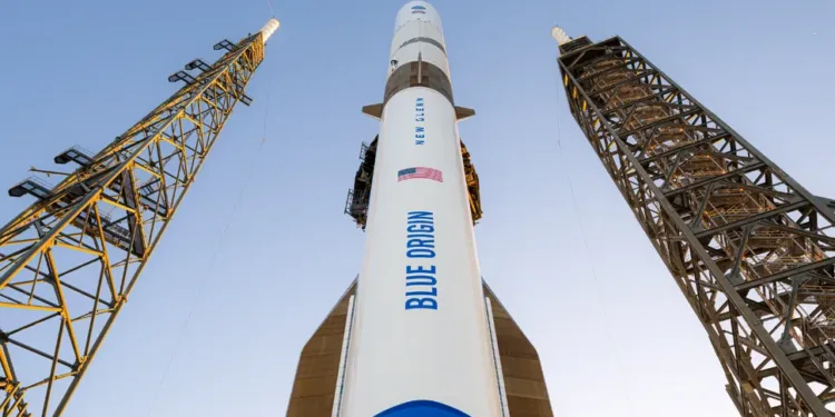 Cohete New Glenn de Blue Origin en zona de lanzamiento. Crédito: Blue Origin. New Glenn-3 Blue Origin