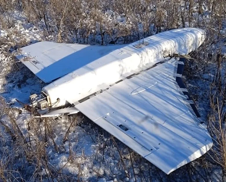 Dron ruso "Gerbera", derribado por guardias fronterizos ucranianos en la región de Sumy, Ucrania, el 5 de enero de 2025.