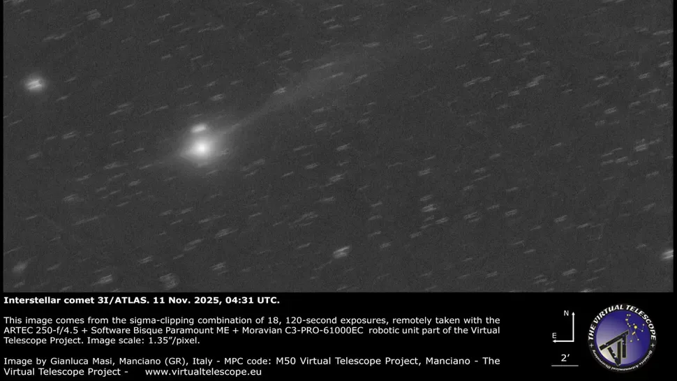 Imagen del cometa interestelar 3I/ATLAS capturada por el Proyecto Telescopio Virtual, el 10 de noviembre.
