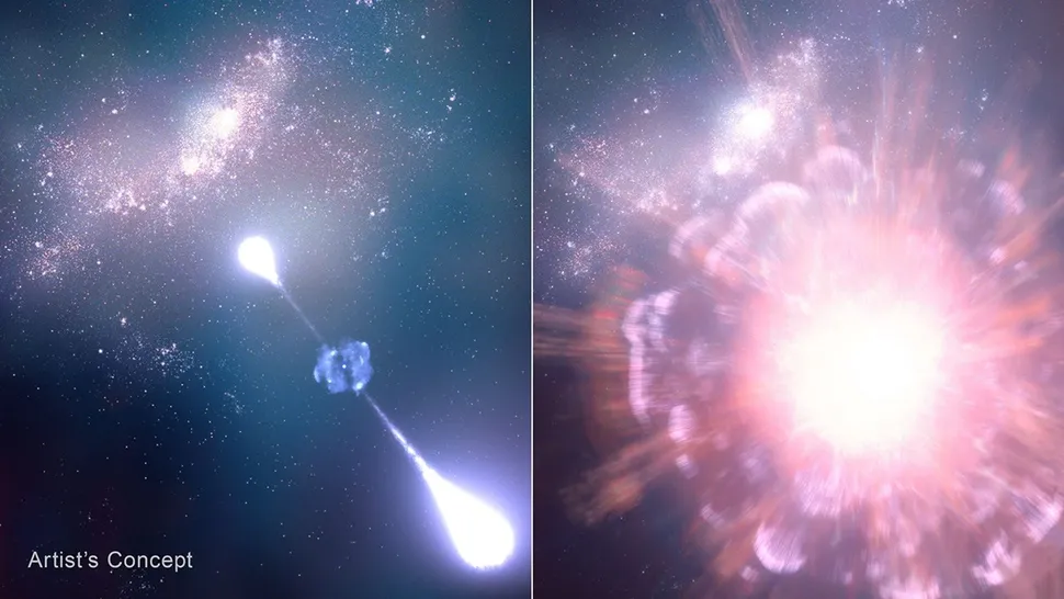 Ilustración conceptual del GRB inicial (izquierda) y luego de la supernova que se vio 3,5 meses después