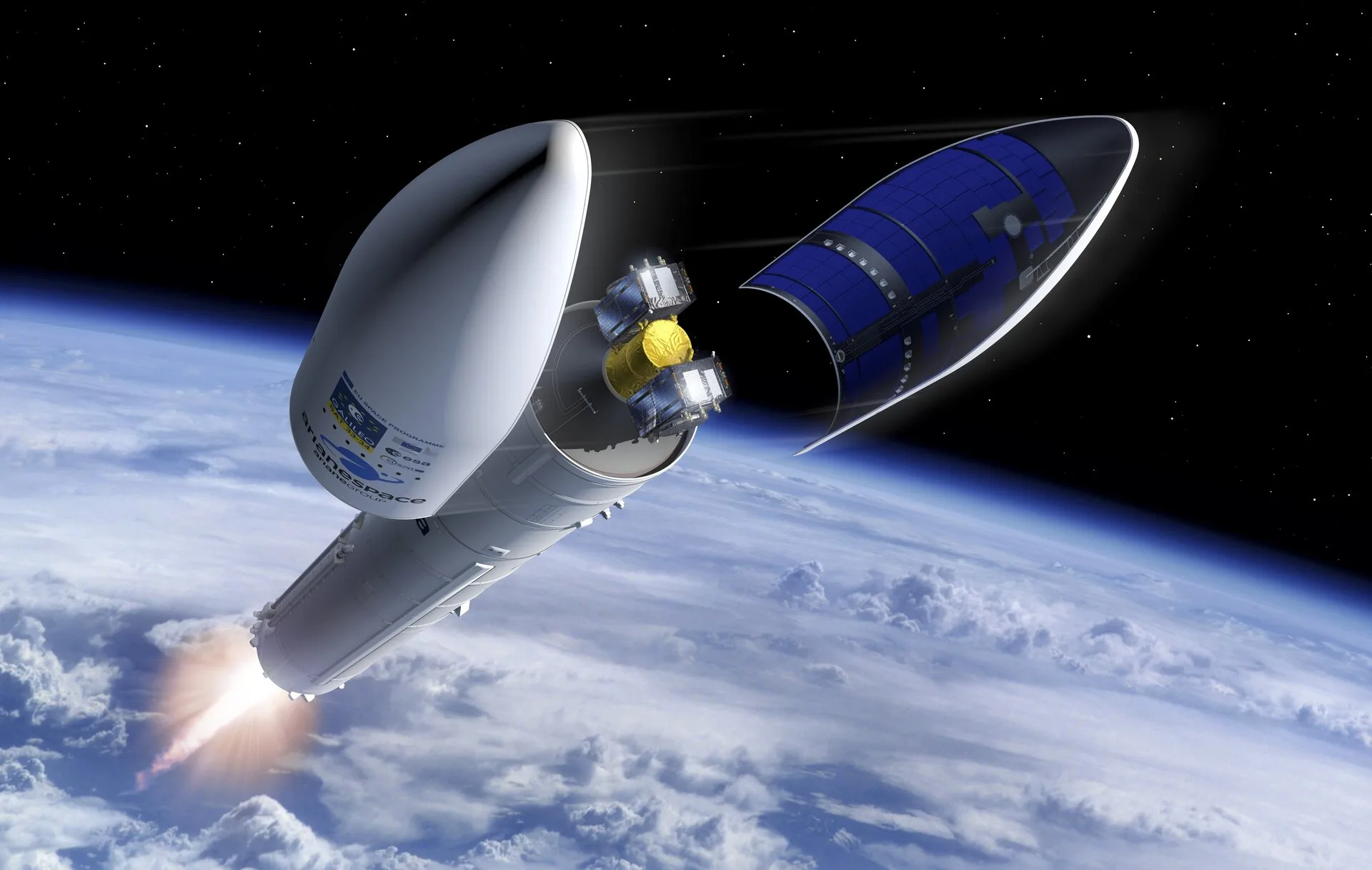 Ilstración de Galileo SAT 33 y 34 en su lanzador Ariane 6, momentos después de la liberación del carenado.