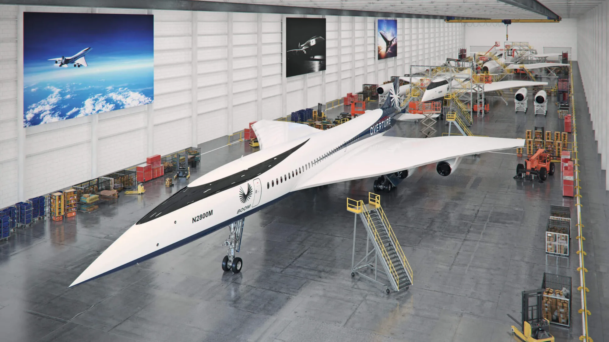 Render del Overture en la línea de ensamblaje de Boom Supersonic.
